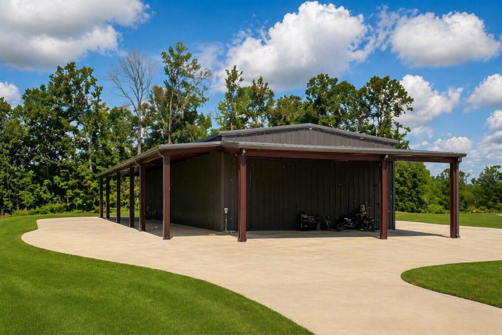 Modern metal building with dual garage doors, surrounded by lush green grass and trees, showcasing versatile outdoor space. Lakeland, TN.; residential; storage; workshop; erection; insulation; gutter; clean; DripStop; charcoal grey