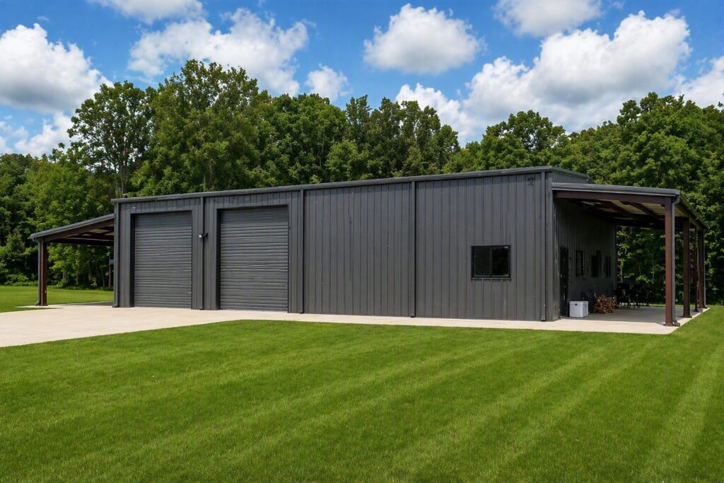 Large metal storage building with a covered porch, situated on a green lawn surrounded by trees. Ideal for vehicle and equipment storage. Lakeland, TN.; residential; storage; workshop; erection; insulation; gutter; clean; DripStop; charcoal grey